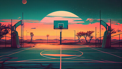 Empty basketball court with colorful backboards in retro sunrise style, Generative AI