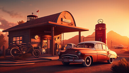 Old-fashioned gas station with classic cars in retro sunrise style, Generative AI