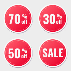 A set of red discount stickers, tags with discounts of 30%, 50%, 70% on a light gray background. Vector illustration, eps10.