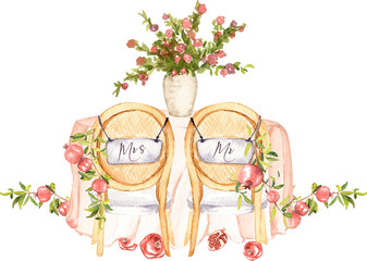 Watercolor countryside wedding invitation, chairs for groom and bride, pomegranate garden celebration, wedding ceremony in the garden, rustic style, save the date