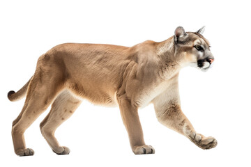 Obraz premium an isolated mountain lion cougar side-view, stalking prey, fierce mountain-themed photorealistic illustration on a transparent background in PNG. Generative AI