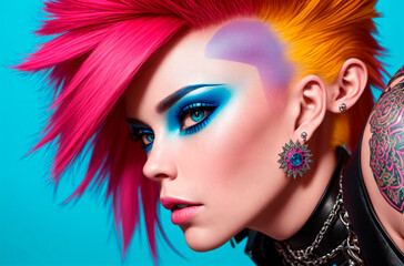 Young woman with bright appearance. Portrait of fashionable female with vivid image, style. Generative AI.