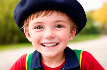 Little positive boy. Portrait of happy kid with smile on face. Generative AI.
