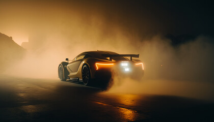 Obraz na płótnie Canvas Car in cinematic lighting surrounded by fog . Generative AI.