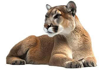 an isolated mountain lion cougar laying down, resting, fierce mountain-themed photorealistic illustration on a transparent background in PNG. Generative AI