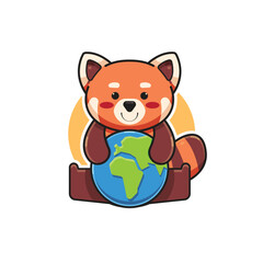 vector illustration of a cute red panda character hugging the earth for earth day, red panda mascot animal logo, cartoon animal