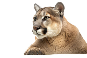 an isolated mountain lion cougar laying down, resting, fierce mountain-themed photorealistic illustration on a transparent background in PNG. Generative AI