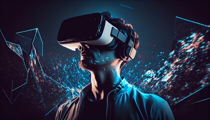 Virtual reality digital technology concept. Man wearing 3d VR headset glasses looks up, digital world. Virtual reality