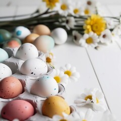 Smooth illustration of coloured decorative Easter eggs along with spring flowers