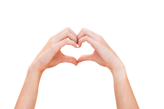 Woman making love sign with hands against a white background