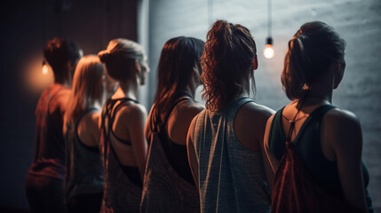 Group of young women in sportswear standing back to back in fitness studio.generative ai