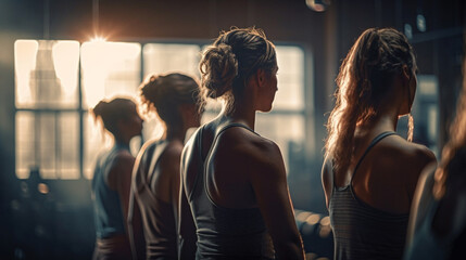 Group of young women in sportswear standing back to back in fitness studio.generative ai