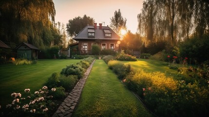 Obraz premium House with a beautiful garden on a sunny day