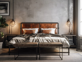 Bedroom Industrial interior style: An industrial-style platform bed with a wrought iron frame and metal accents, paired with a distressed leather headboard and crisp white bedding