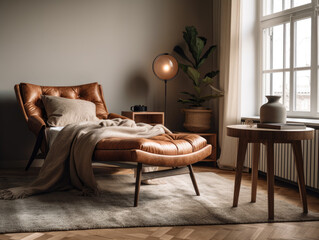 Bedroom Industrial interior style, A mix of seating options, such as a leather club chair and a mid-century modern inspired armchair, paired with a metal and wood side table and an industrial-style fl