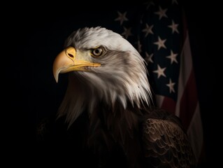 American bald eagle close-up with american flag