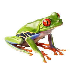 Obraz premium an isolated Green, Red-eyed tree Frog 3/4-view portrait, wildlife-themed, Tropical Rainforest, photorealistic illustration on a transparent background cutout in PNG. Generative AI