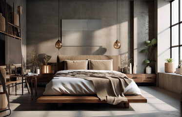 bedroom Industrial interior style, A detailed shot of a mix of industrial-inspired art objects and decor, showcasing their unique character and raw materials