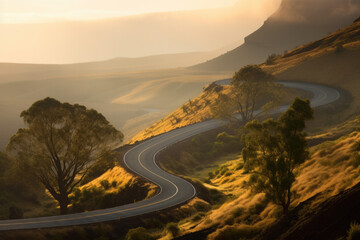 roads along the mountains. AI generative image.