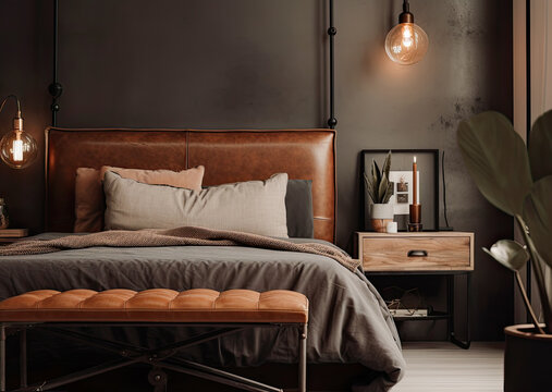 bedroom Industrial interior style, A detailed shot of a distressed leather headboard, displaying its unique texture and character