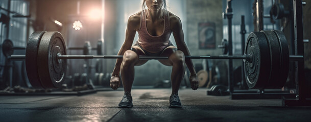 Fototapeta na wymiar Close up of sporty young woman lifting barbell in gym.generative ai