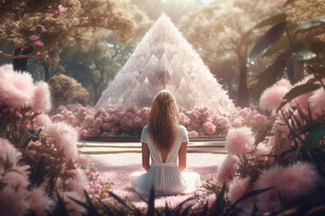Woman meditating in a dreamy mystical garden surrounded by crystals and flowers. Generative AI. 