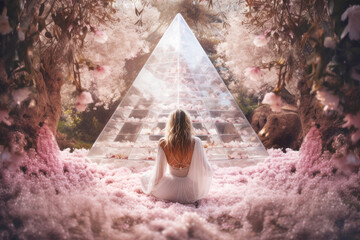 Woman meditating in a mystical ethereal garden surrounded by crystals and flowers. Generative AI. 