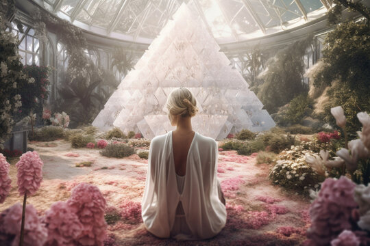 Woman wearing a dress meditating in a mystical garden surrounded by crystals and flowers. 