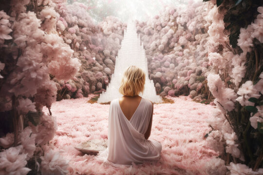 Woman meditating in a spiritual garden surrounded by crystals and flowers. Generative AI. 