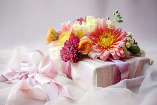 Bouquet of various flowers lies on a festive box with satin ribbon, light background. Festive composition for Mother's Day, birthday, wedding