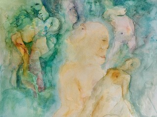 gente en acuarela fondo esmeralda