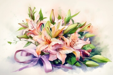 Fototapeta na wymiar Cute bouquet of various flowers with a satin ribbon, on a light background, watercolor style. Festive composition for Mother's Day, birthday, wedding