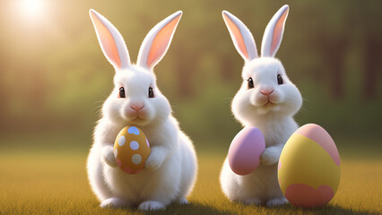 A pair of Easter bunnies holding Easter eggs - Generative AI
