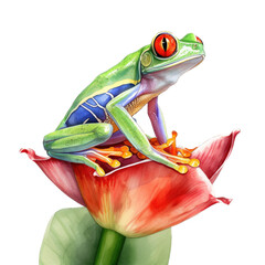 Naklejka premium an isolated green red-eyed tree frog on orange jungle flowers, side-view portrait, rainforest-themed photorealistic illustration on a transparent background in PNG. T-Shirt Design. Generative AI