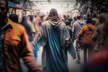 Jesus as the savior walking through a crowded marke, created with Generative AI technology