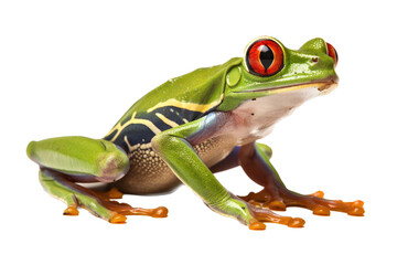 Obraz premium an isolated red-eyed tree frog, side-view portrait, rainforest-themed photorealistic illustration on a transparent background in PNG. green frog. Agalychnis callidryas. Generative AI