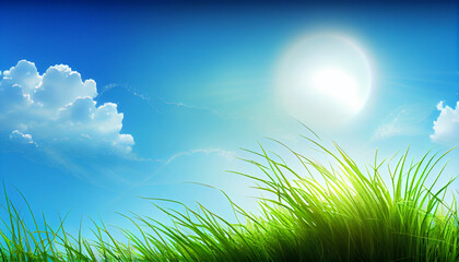 Fototapeta premium green grass and blue sky , heaven over the blue sky grass background