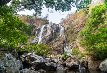 Fototapeta na wymiar Khlong Lan Waterfall, Beautiful waterfalls in klong Lan national park of Thailand