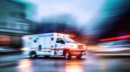 Emergency Vehicle Speeding Ambulance With Flashing Lights and Sirens, Urban City, Environment Medical Emergency. © Wild Awake