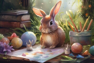 Watercolor Painting of Easter Bunny Painting Eggs, generative ai