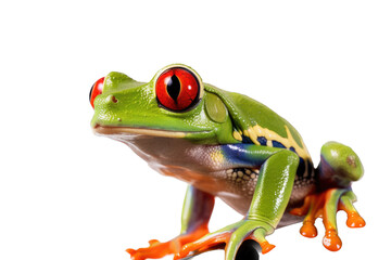 an isolated red-eyed tree frog front view, jungle-themed photographic illustration on a transparent background in PNG. Generative AI