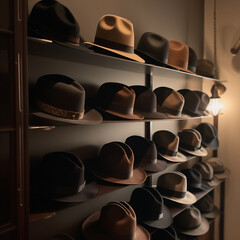 Rack of men's fedoras, men's hats, 