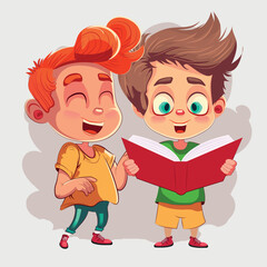 Happy kids and book. Children reading a book Back to School Concept . Vector illustration