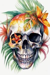 A skull with tropical flowers. Generative AI. 