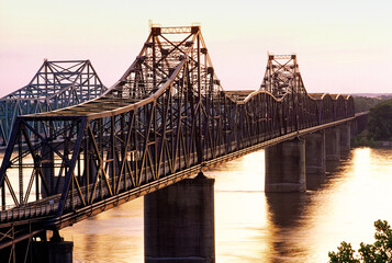 Vicksburg, USA. The old and new cantilever box girder steel metal bridges carry the Interstate 20...