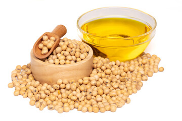 Yellow Soy Bean in wooden bowl, Vegetable Oil in glass bowl. Golden Soybean turn process to cooking oil, soy bean is healthy diet and food element cooking ingredients. White background isolated