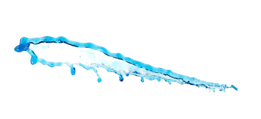 Shape form droplet of blue Water splashes into drop water line tube attack fluttering in air and stop motion freeze shot. Splash blue Water texture graphic resource elements, White background isolated