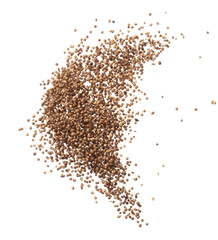 Coriander seed fly explosion, brown coriander seed float explode, abstract cloud fly. Dried coriander seeds splash throwing in Air. White background Isolated high speed shutter, freeze motion