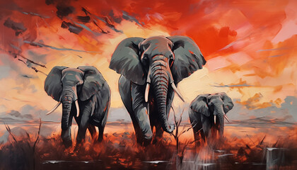 oil painting of elephants at sunset generative art