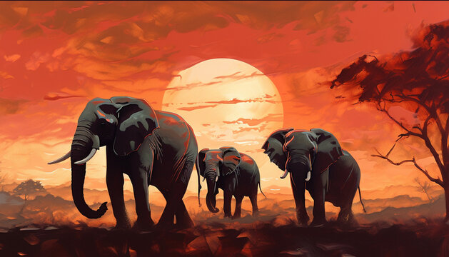 elephants in the sunset oil painting generative art